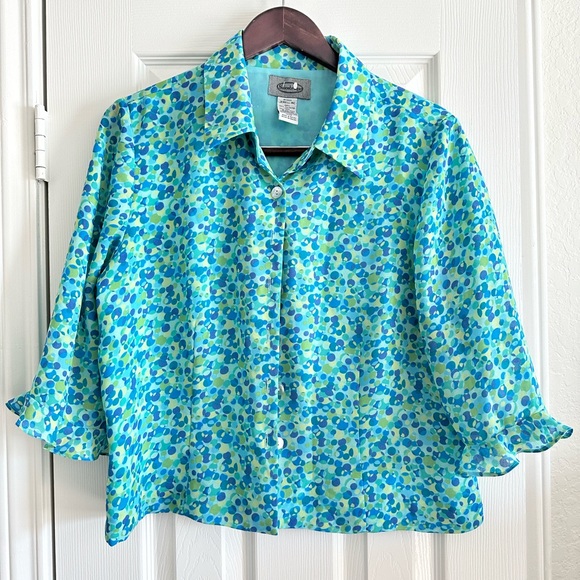 Stonebridge Tops - Stonebridge Women's Blue Green Patterned Button Up Blouse, 3/4 Sleeve, Size 12